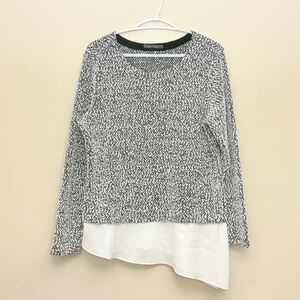 Suzy Black & White Popcorn Knit Sweater with Asymmetrical Blouse Trim – Size XL